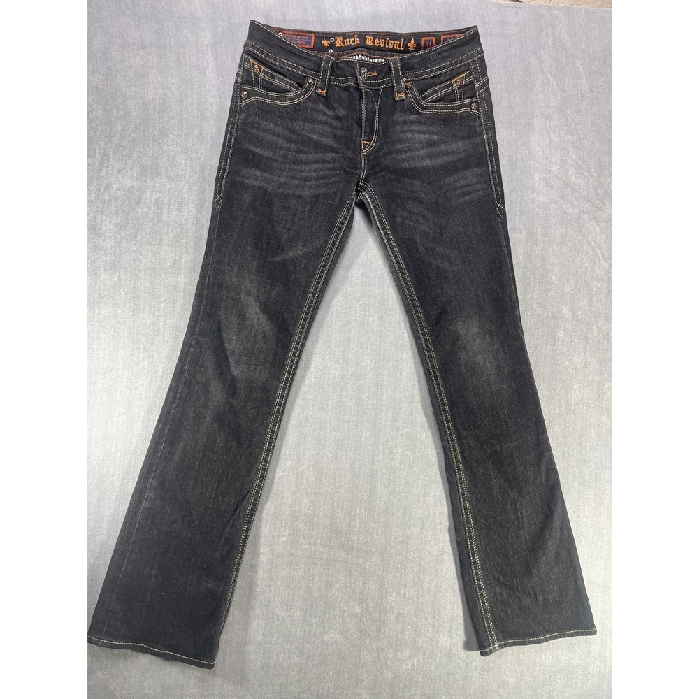 Rock Revival Jen Boot Stretch Denim Black Studded Flap Jeans Women's 31